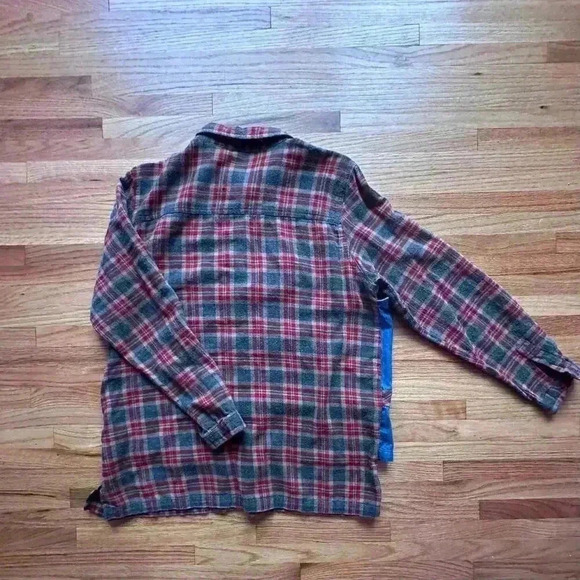 Vintage Plaid Button Shirt Attached Denim Vest  90s Button Up Flannel l SZ MED - Picture 5 of 6